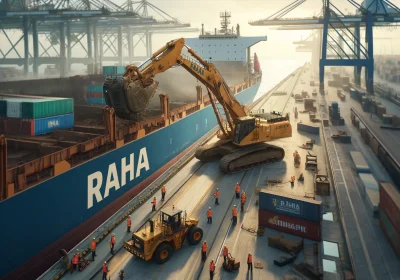 DALL·E 2024 05 27 02.14.36 A large excavator being unloaded from a ship at Shahid Rajaee Port but from a different angle. The scene should look very realistic with natural colo